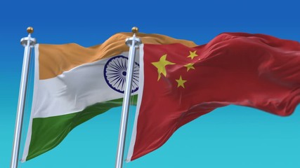 4k Seamless India and China Flags with blue sky background;A fully digital rendering;The animation loops at 20 seconds;IND IN CHN CN.