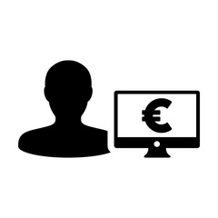 Bank icon vector male user person profile avatar with computer monitor and euro sign currency money symbol for banking and finance business in flat color glyph pictogram illustration