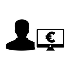 Funding icon vector male user person profile avatar with computer monitor and euro sign currency money symbol for banking and finance business in flat color glyph pictogram illustration