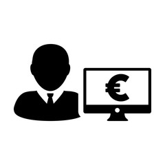 Sales icon vector male user person profile avatar with computer monitor and euro sign currency money symbol for banking and finance business in flat color glyph pictogram illustration