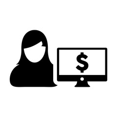 Person icon vector female user avatar with computer monitor screen and dollar sign in flat color in Glyph Pictogram Symbol illustration