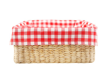 Red picnic cloth basket isolated.