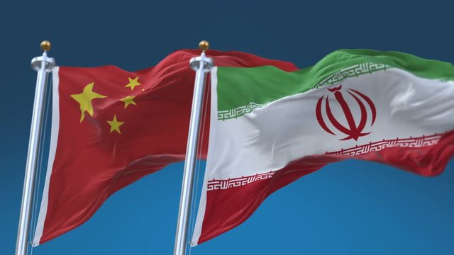 4k Seamless Iran and China Flags with blue sky background;A fully digital rendering;The animation loops at 20 seconds;IRI IR CHN CN.