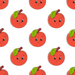Happy apple. Colored seamless pattern with cute cartoon character. Simple flat vector illustration isolated on white background. Design wallpaper, fabric, wrapping paper, covers, websites.