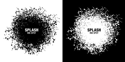 Splash inkblot frame set. Drops black texture isolated on white background. Grunge abstract blot of splash spots. Sphere of black random blots. Vector design elements