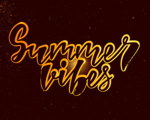 Summer vibes - handlettering text. Design print for postcard, label, logo, sign, emblem, sticker, poster, badge, clother. Vector illustration on background
