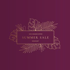 Tropical Monstera Leaves Summer Sale Card or Banner Template. Abstract Floral Advertising Composition in Gold with Classic Typography. Seasonal Discount Layout.