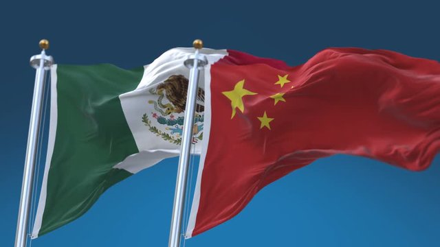 4k Seamless Mexico and China Flags with blue sky background;A fully digital rendering;The animation loops at 20 seconds;MEX MX CHN CN.