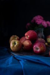 Still life with apples and flowers on a metallic plate. Dark style photo