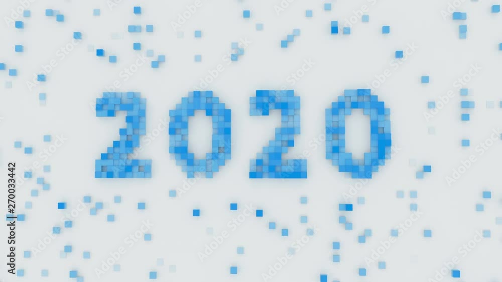 Poster blue text 2020 in pixel art. new year celebration. the last 5 seconds are loopable. 3d render animat