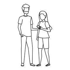 young couple using smartphone characters