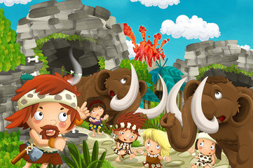 cartoon cavemen village scene with mammoth and volcano in the background - illustration for children