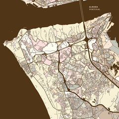 Map of Almada Portugal art map print template