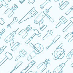 Fototapeta na wymiar Work tools seamless pattern with thin line icons - pattern with puncher, drill, wrench, plane, saw, pliers,