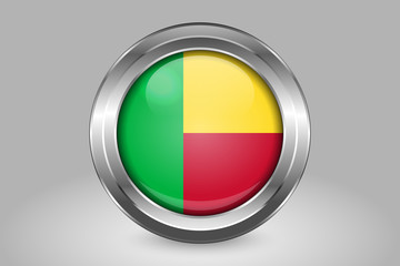 Flag of Benin. Metal and Glass Round Vector Icon. Isolated