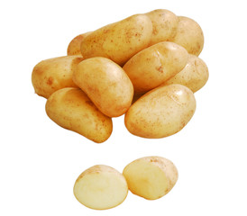 A lot of raw potatoes on a white isolated background