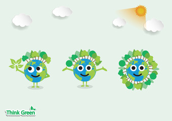 Think green earth of a cartoon design earth planet globe with environment elements around tree Vector illustration