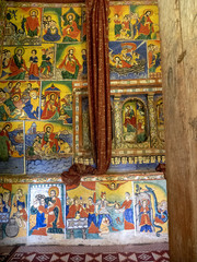 Religious frescoes on the walls of Debere Tsehay tekele on Lake Tana in Ethiopia