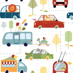 Wall murals Animals in transport Happy escape from the zoo seamless pattern
