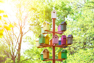 bright colored birdhouses, colorful wooden bird houses