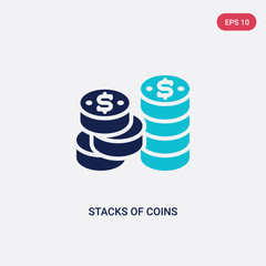 two color stacks of coins vector icon from business concept. isolated blue stacks of coins vector sign symbol can be use for web, mobile and logo. eps 10