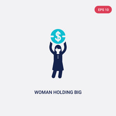 two color woman holding big coin vector icon from business concept. isolated blue woman holding big coin vector sign symbol can be use for web, mobile and logo. eps 10