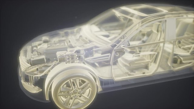 Holographic animation of 3D wireframe car model with engine and otter technical parts