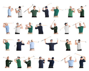 Collage of men playing golf on white background