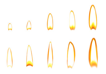 Set of different bright candle flames on white background