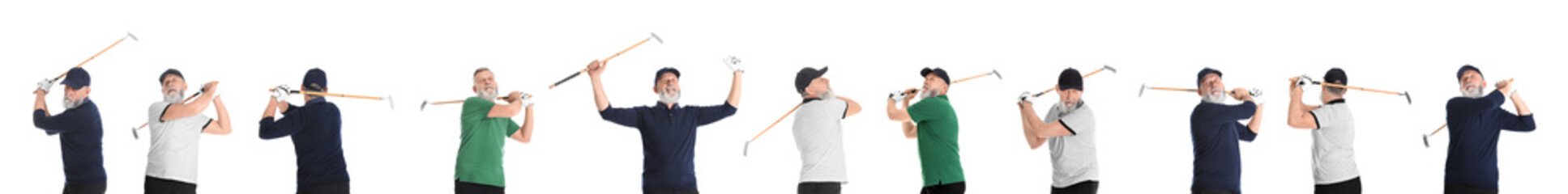 Collage of senior man playing golf on white background