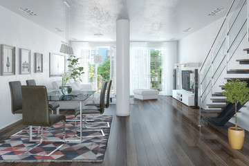3d Illustation - Modernes Loft mit großen Fenster - Helles Wohnzimmer mit einem Esstisch und einer großen Couch