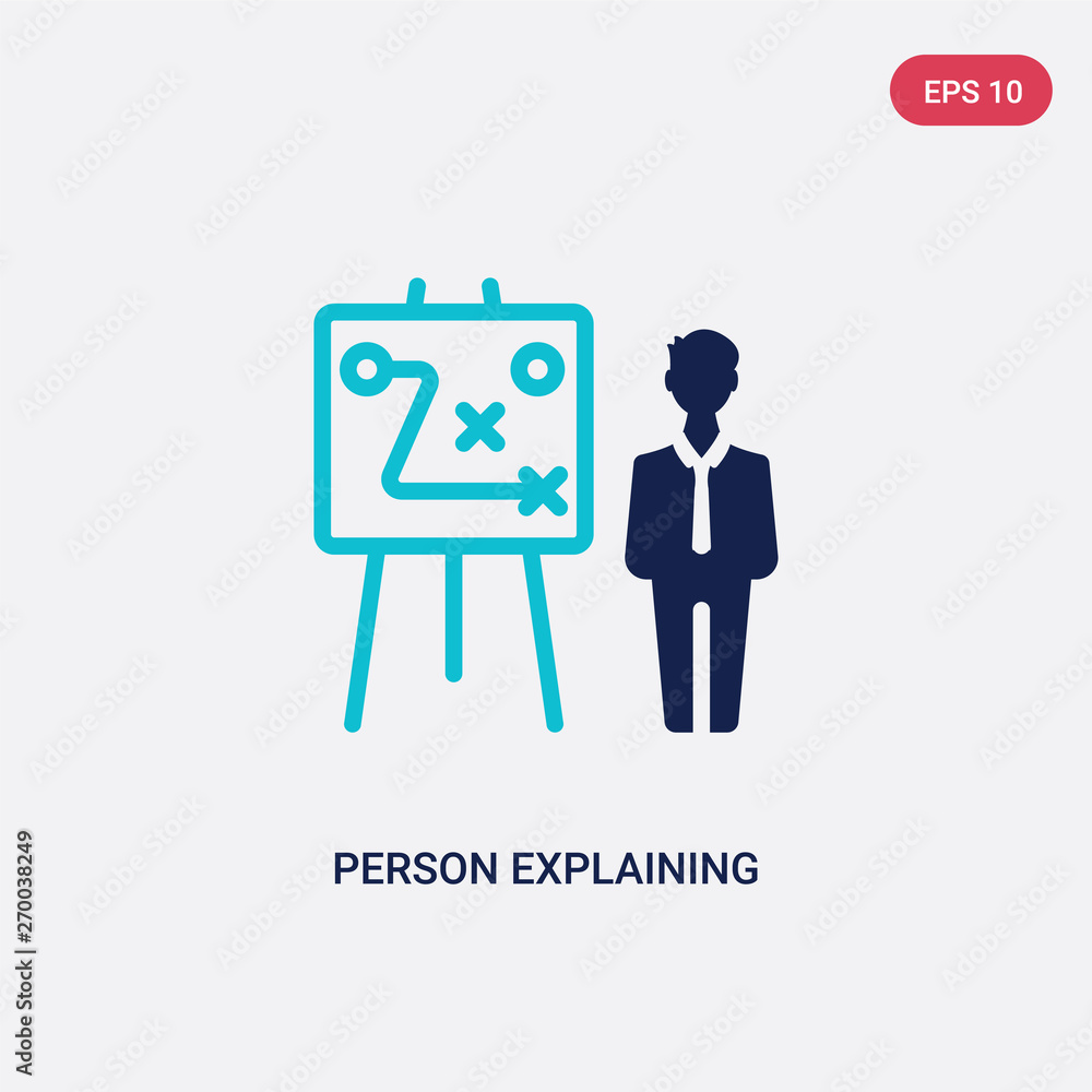 Poster two color person explaining strategy on a board with a sketch vector icon from business concept. iso