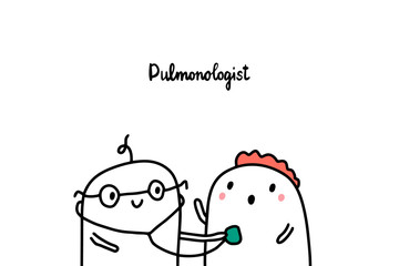 Pulmonologist hand drawn vector illustration in cartoon style. Doctor listening patient