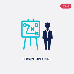 two color person explaining strategy on a board with a sketch vector icon from business concept. isolated blue person explaining strategy on a board with sketch vector sign symbol can be use for