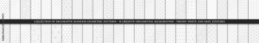 Poster collection of seamless ornamental vector patterns and swatches. white and grey geometric oriental ba