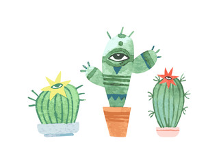 Tree watercolor cacti on white. Vector illustration.