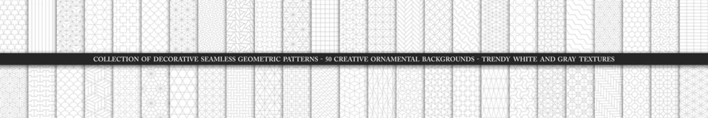 Poster Im Rahmen Sammlung von nahtlosen dekorativen Vektormustern und Farbfeldern. Weiße und graue geometrische orientalische Hintergründe. © ExpressVectors