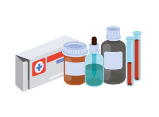 laboratory instruments with medicines in white background