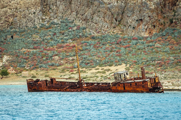 Ship wreck on the shore of Imeri Gramvousa Island near island of Crete, Greece