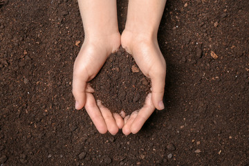 Woman holding pile of soil above ground, top view