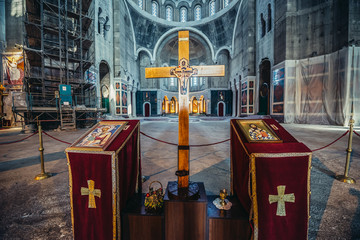 Wooden cross in front of main altar of Saint Sava Church in Belgrade city, Serbia