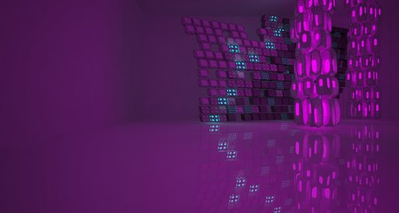 Obraz premium Abstract white Drawing Futuristic Sci-Fi interior With Pink And Blue Glowing Neon Tubes . 3D illustration and rendering.