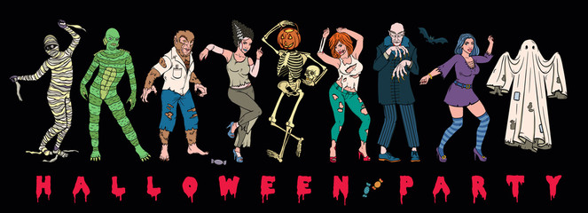 Halloween Party. Set of Monsters Characters. Vector Illustration.