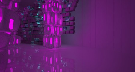 Abstract  white Drawing Futuristic Sci-Fi interior With Pink And Blue Glowing Neon Tubes . 3D illustration and rendering.