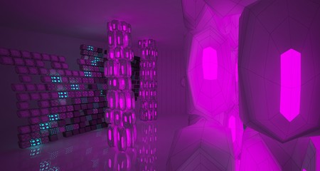 Abstract  white Drawing Futuristic Sci-Fi interior With Pink And Blue Glowing Neon Tubes . 3D illustration and rendering.