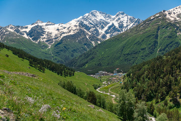 Mountain road to village Terskol in Caucasus. Road to Baksan gorge