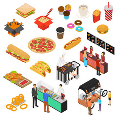 Fast Food Cart Cafe Sign 3d Icon Set Isometric View. Vector