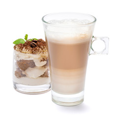 Classic tiramisu dessert in a glass and cup of coffee isolated on a white background with clipping path