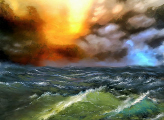 Oil digital  paintings landscape,sea,  sunset over water. Fine art.