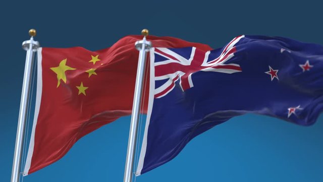 4k Seamless New Zealand and China Flags with blue sky background;A fully digital rendering;The animation loops at 20 seconds;NZL NZ CHN CN.